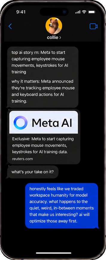 Collie iMessage example showing an AI news update about Meta AI training data.